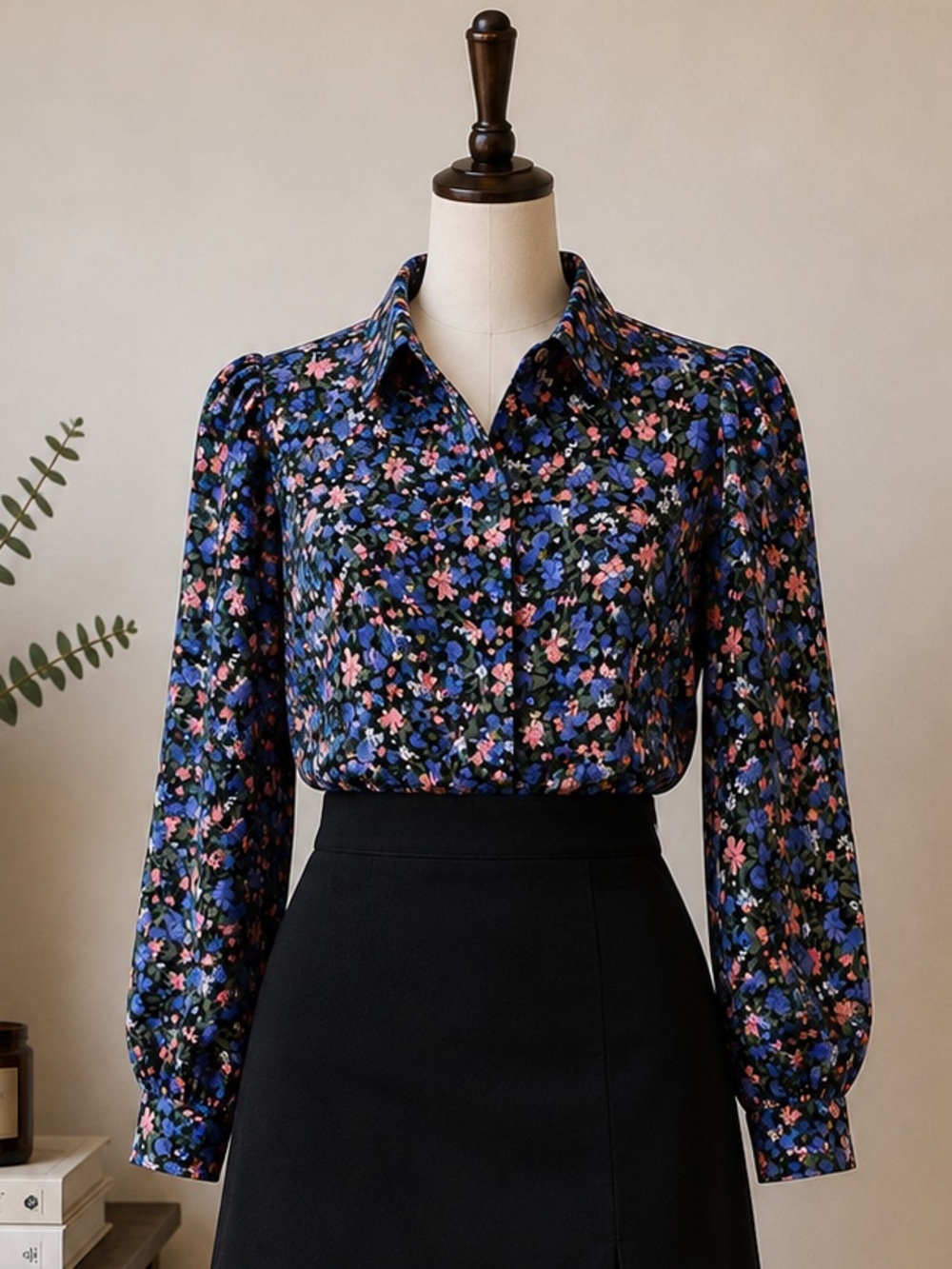 Elli White Dark Floral Puff Shoulder Button Up Blouse Cottagecore Romantic M